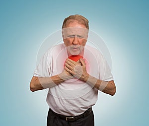 Sick old man, elderly guy, having severe infection, chest pain