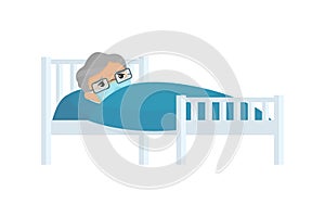 Sick old man with medical mask in hospital bed flat vector illustration.