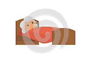 Sick old woman with thermometer in bed flat vector illustration. Granny with high temperature cartoon character.