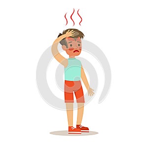 Sick Overheated Kid Feeling Unwell Suffering From Sickness Needing Healthcare Medical Help Cartoon Character