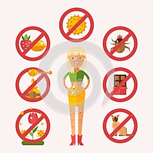 Sick people allergy to external irritants and food, vector illustration. Woman skin rash from food, pollen, insects and