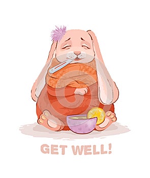 Sick rabbit with a thermometer on his mouth sits wrapped in a blanket or scarf and drinks lemon warming tea. Cute illustration for