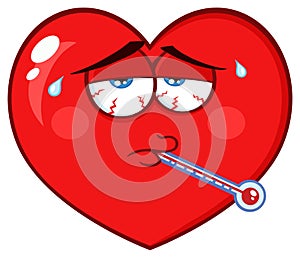 Sick Red Heart Cartoon Emoji Face Character With Tired Expression And Thermometer.