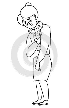Sick sad pensioner woman with thermometer. Vector illustration. Outline drawing. Female character sickness and malaise.