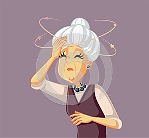 Sick Senior Woman Feeling Dizzy Vector Cartoon