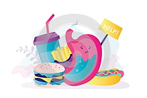 Sick stomach asks for help. Various junk food on background. Digestive problems due to unhealthy lifestyle