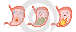 Sick stomach characters. Stomach pain, gastritis, indigestion, vomiting, heartburn problems.