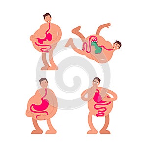 Sick stomach set. Heaviness in belly. bloating and nausea. vector illustration