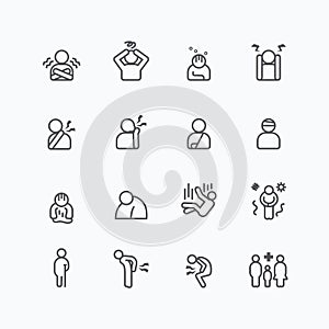 Sick and symptoms injuries silhouette icons flat line design