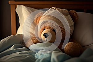 Sick teddy bear lying in bed. Ai generative