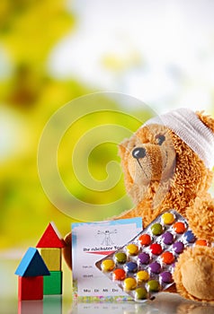Sick Teddy Bear with Pills, Card and Shape Blocks