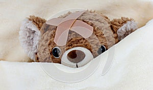 Sick teddy bear toy lying in bed