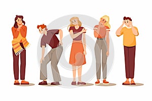 Sick and Tired People Characters Suffering from Pain or Ache in Different Body Parts Vector Set