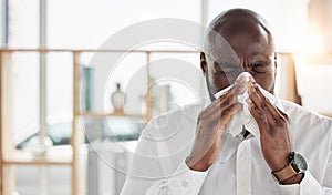 Sick, tissue and businessman blowing his nose in the office with cold, flu or sinus allergies. Illness, medical and