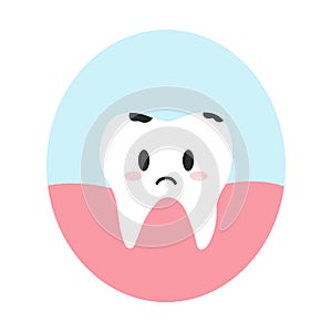 Sick tooth with caries in cartoon flat style. Vector illustration of disgruntled unhealthy teeth character, dental care