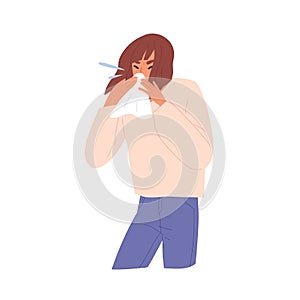 Sick unhealthy allergic sneezing woman. Female character blowing nose into handkerchief. Symptom of cold, coronavirus