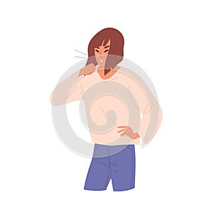 Sick unhealthy coughing woman. Bronchitis, cold, coronavirus, grippe or seasonal disease, infection. Respiratory viral