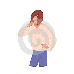 Sick unhealthy coughing woman. Bronchitis, cold, coronavirus, grippe or seasonal disease, infection. Respiratory viral photo
