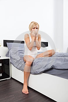 Sick woman blow nose, ill girl having flu