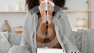 Sick woman cough, sneeze, blowing nose, suffer from fever