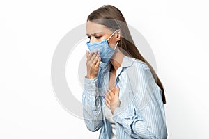 Sick Woman Coughing Having Breathing Difficulty On White Studio Background