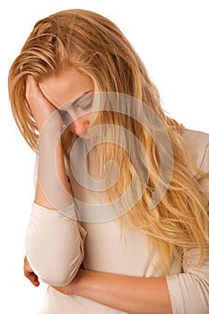 Sick woman with flu, fever and headache or migraine isolated over white background.