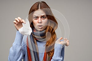 sick woman flu infection virus health care light background