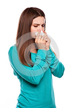 Sick Woman.Flu.Woman Caught Cold. Sneezing into Tissue. Headache. Virus .Medicines