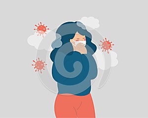 Sick woman has flu, surrounded by microbes or viruses and wearing a face mask. Woman has cold coughing because of a virus.