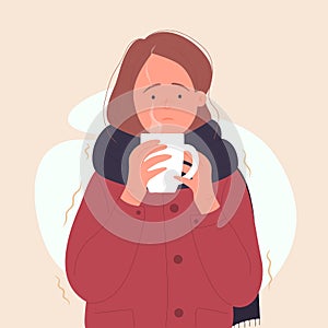 Sick woman with hot drink having cold shiver