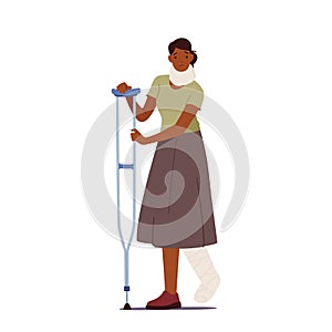 Sick Woman with Leg Fracture and Neck Injury Walk with Crutch. Injured Patient Black Female Character with Broken Foot