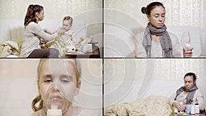 Sick woman and little girl at home, collaged shot, curing by steam inhaler