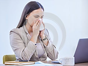 Sick, woman and nose with tissue in office for flu virus, bacteria or allergies at corporate job. Health, laptop and