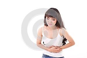 Sick woman patient with stomach ache, belly pain, sickness photo