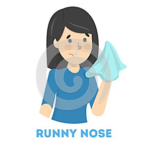 Sick woman with runny nose a symptom of flu