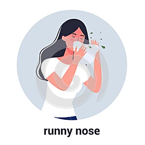 Sick woman with runny nose a symptom of flu, cold or allergy.