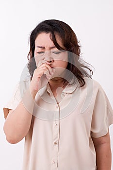 Sick woman suffering from runny nose, flu