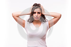 Sick woman suffers from headache, migraine,