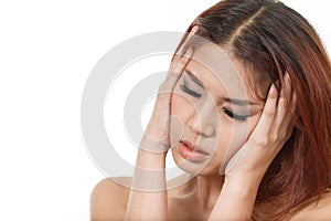 Sick woman suffers from headache, migraine, stress, hangover