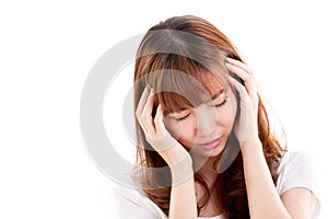 Sick woman suffers from headache pain, migraine, insomnia