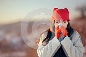 Sick Woman with Tissue Having a Bad Case of Flu