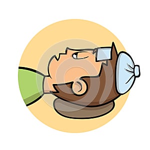 Sick young man lying down with ice pack on his head. Side view, profile. Fever, temperature. Cartoon design icon. Flat