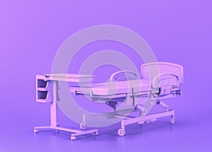 Sickbed and bedside table and Medical equipment in flat monochrome purple hospital room, 3d rendering