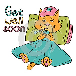 Sickening cat with thermometer under the blanket. photo