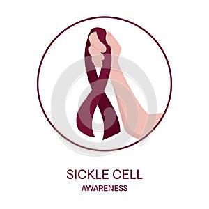 Sickle cell awareness ribbon in hand medical illustration