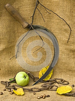 A sickle with a chain and an apple in autumn mood