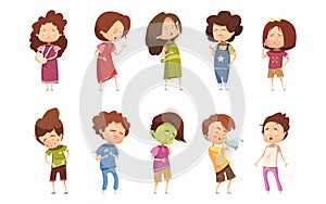 Sickness Child Retro Cartoon Icon Set