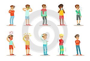 Sickness kids set, boys suffering from different symptoms vector Illustrations on a white background