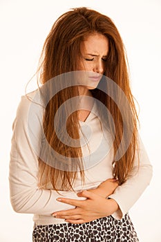 Sickness stomach ache pain period, woman suffering isolated over