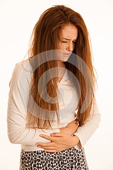 Sickness stomach ache pain period, woman suffering isolated over